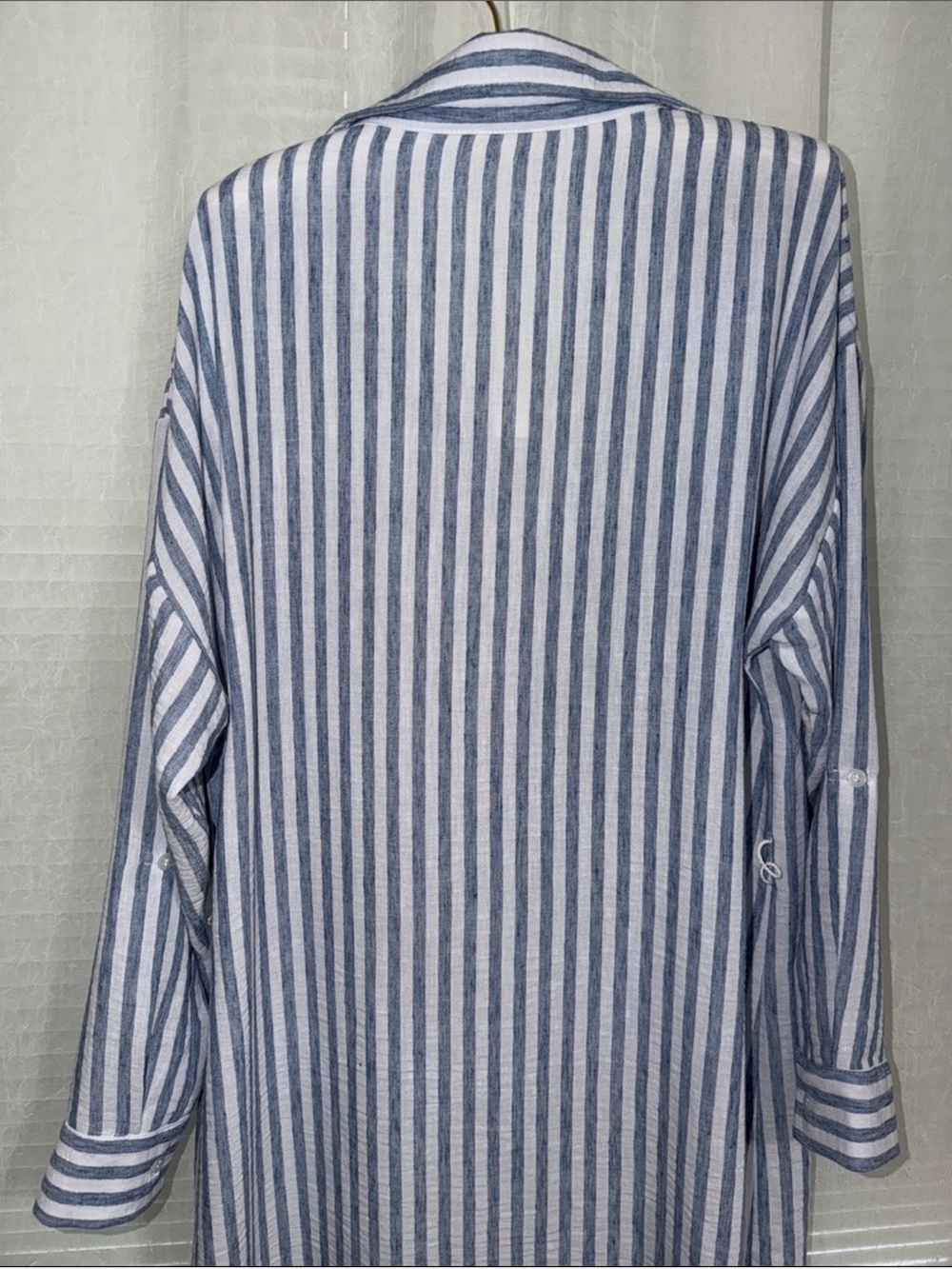 Falling Flower L Blue and White Striped Button-Up Tab Long Sleeve Shirt Dress - Picture 6 of 14
